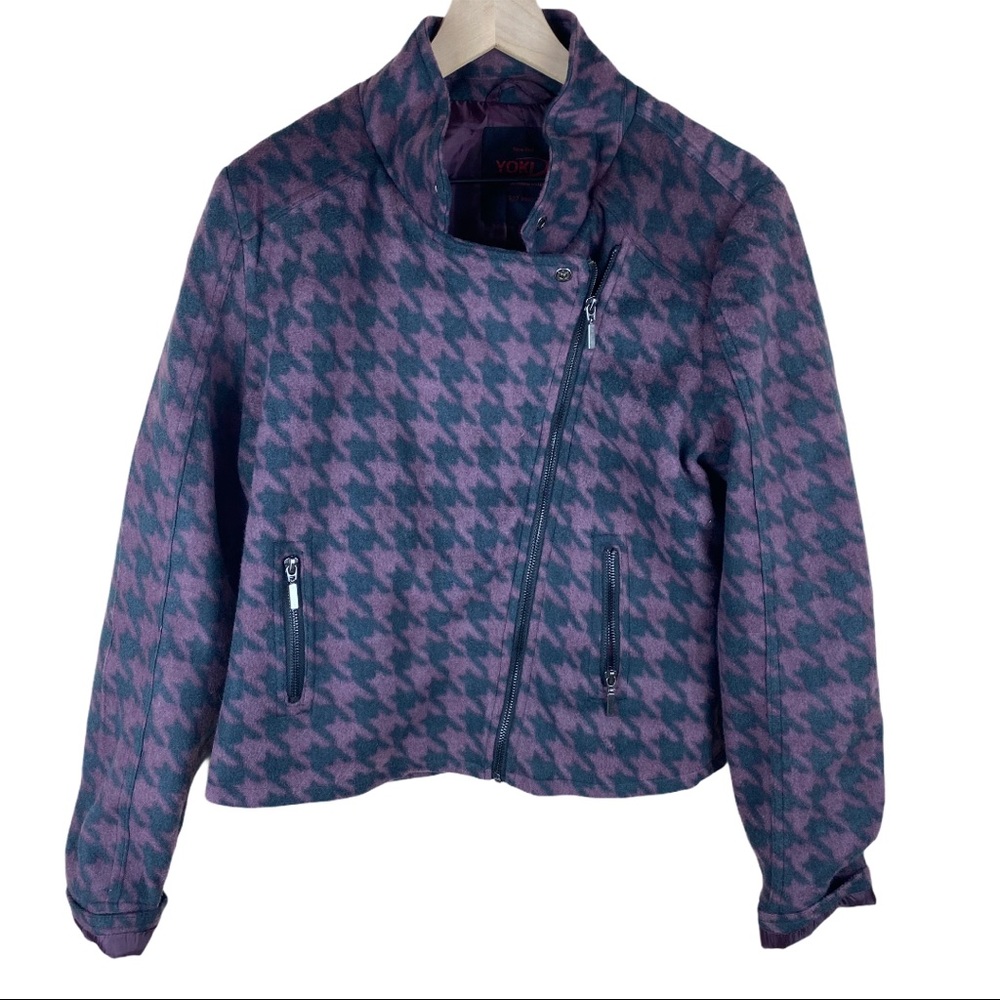Yoki Purple Black Houndstooth Fleece Moto Jacket